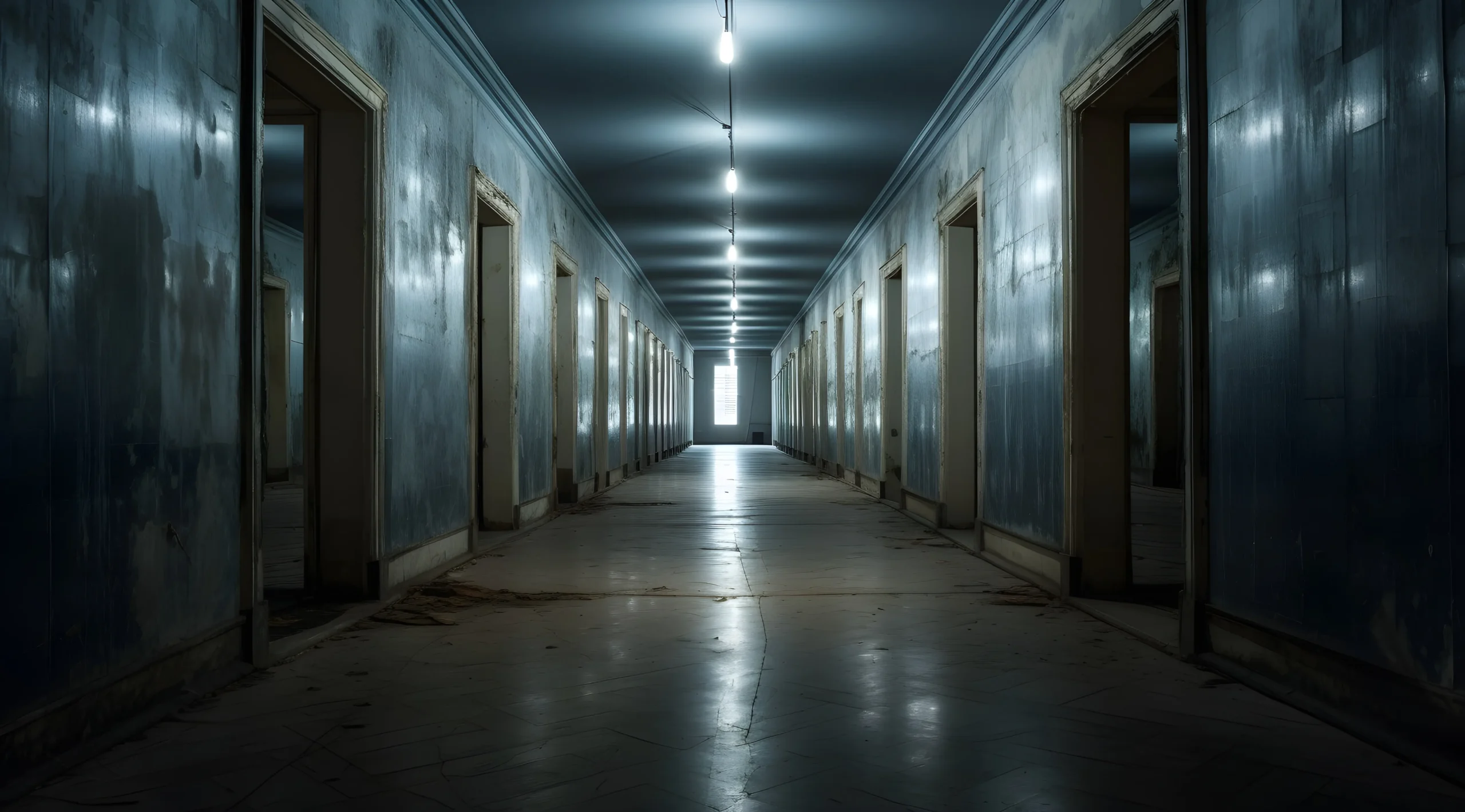 ทางเดินในเรือนจำที่มืดมิดและน่ากลัว มีแสงไฟสลัวๆ ส่องมาจากห้องขัง
